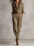 Adelina | Sophisticated Brown Tweed Textured Plaid Utility Jumpsuit