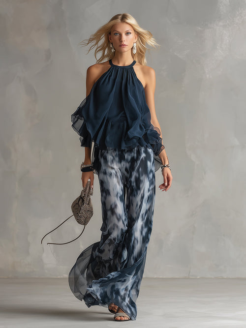 Élise | Elegant and light set with flowy top and wide-leg trousers.