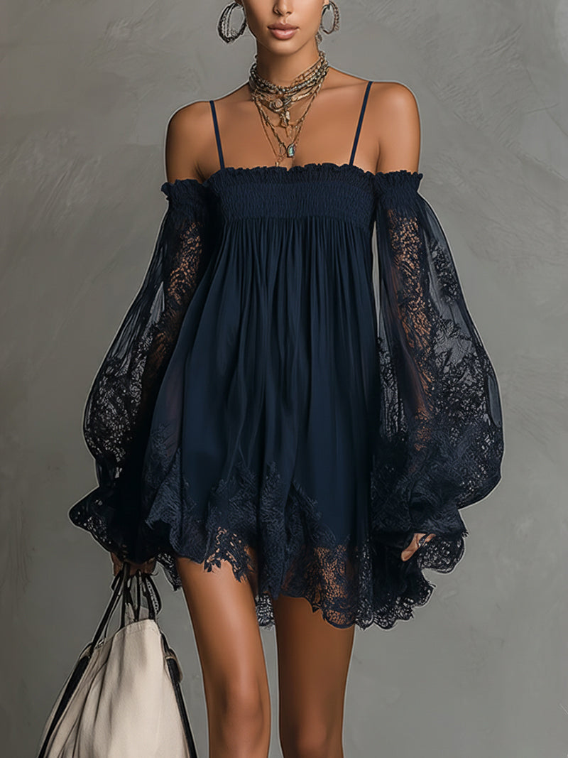 Noemi | vestido chiffon azul encaje transparente