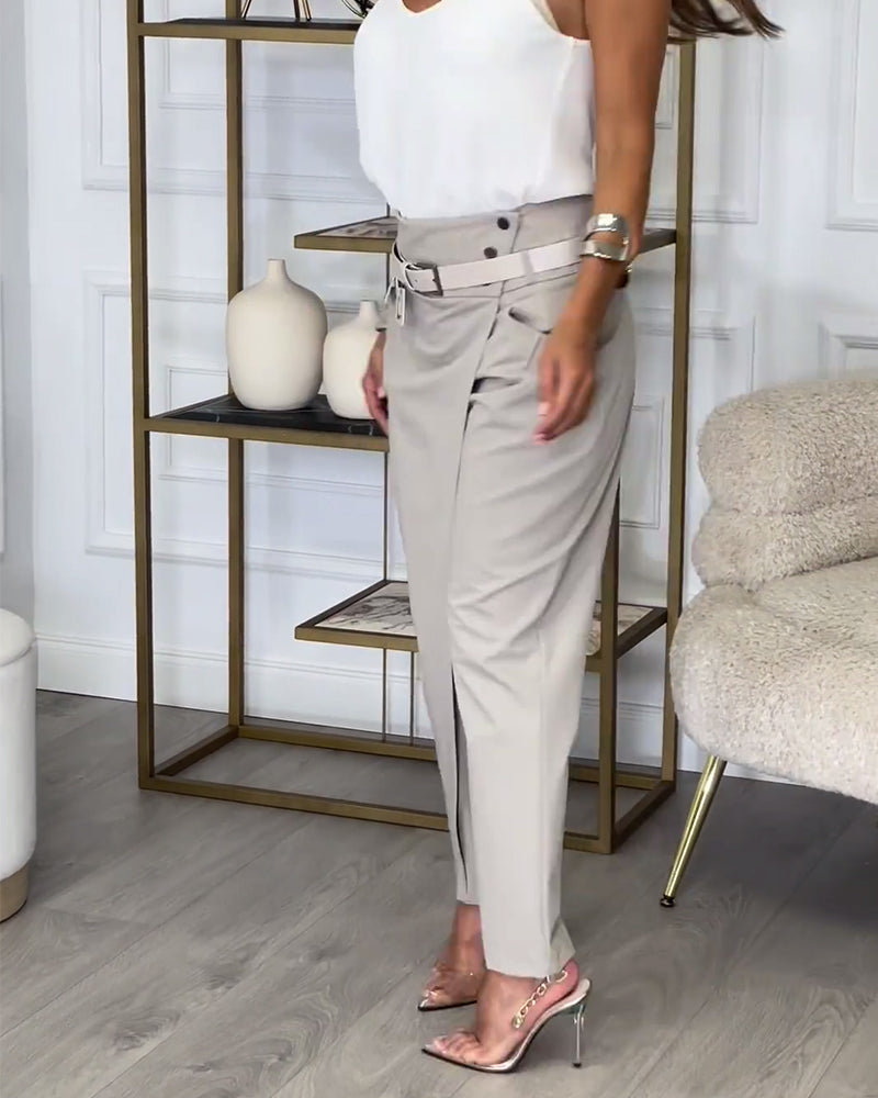 Fashionable solid color pocket irregular patchwork pants