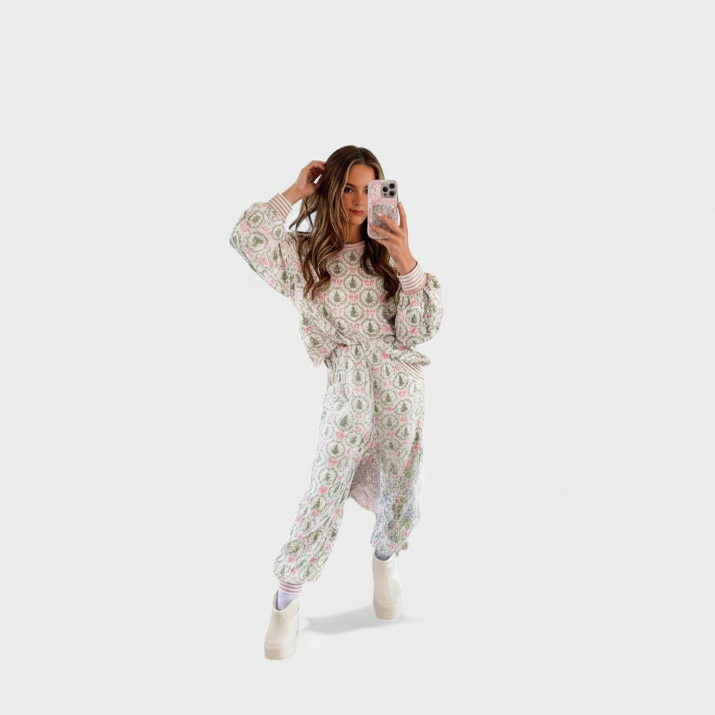 Chloe | Cosy Christmas bow print pyjama set