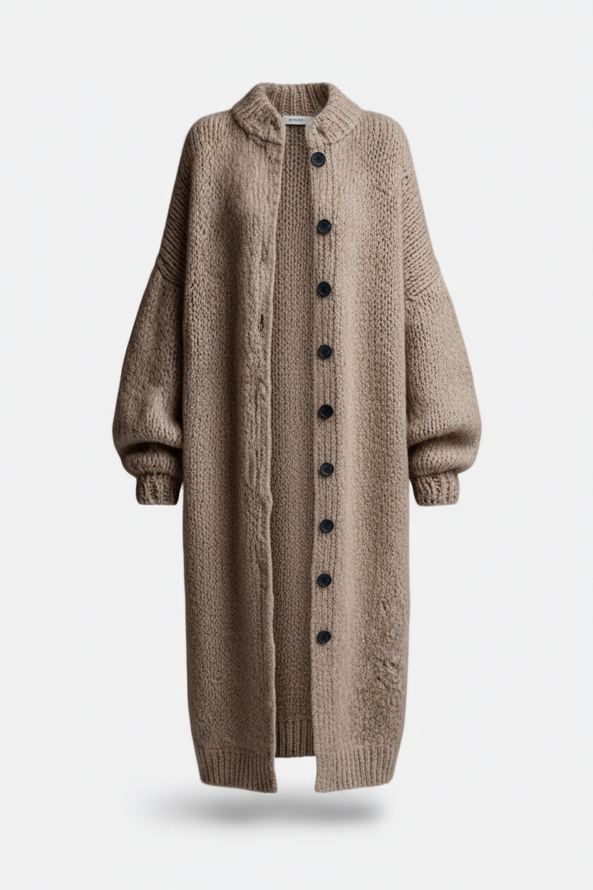 Chaqueta larga oversize de punto acanalado con botones oscuros frontales
