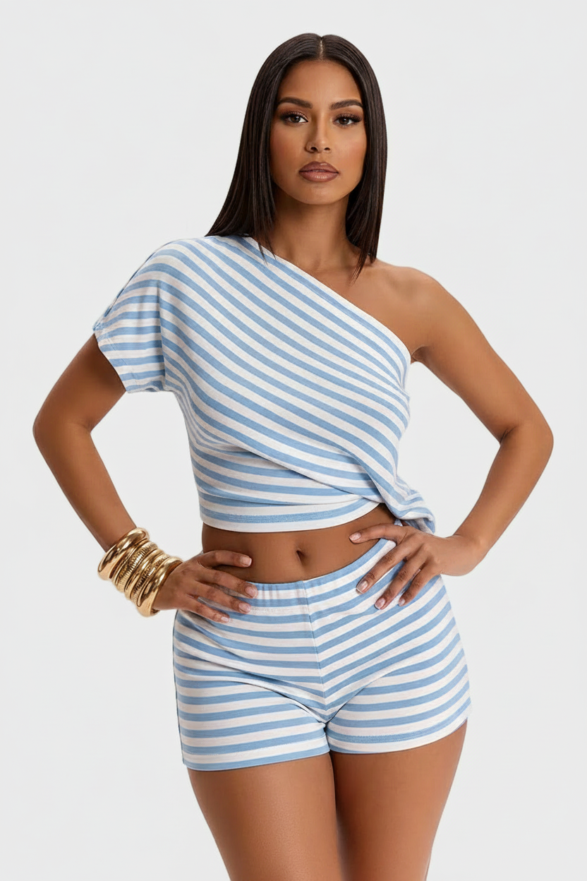 Zara Striped Off-Shoulder Two-Piece Set - azul blanco
