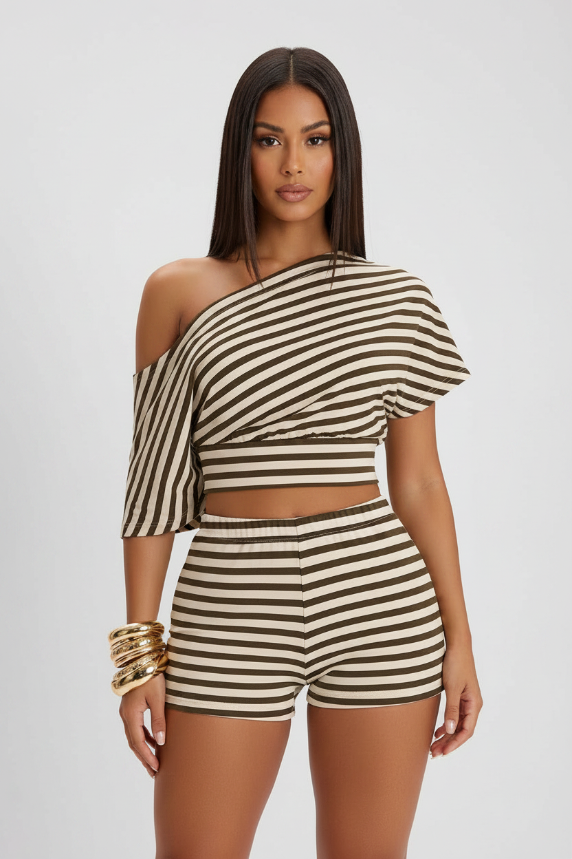 Zara Striped Off-Shoulder Two-Piece Set - beige oliva
