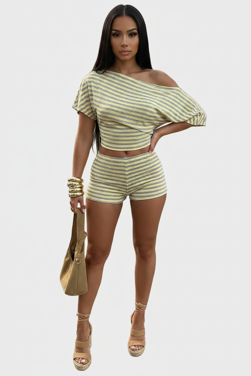 Zara Striped Off-Shoulder Two-Piece Set - amarillo gris