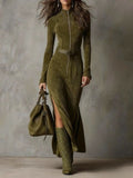 Aurelia Suede High-Neck Slit Maxi Dress