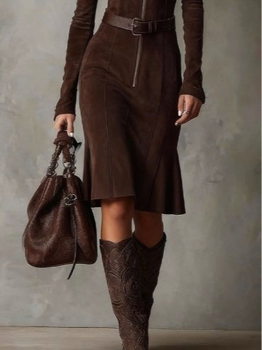 Cambria Luxe Suede Zip-Front Midi Dress