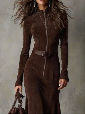 Cambria Luxe Suede Zip-Front Midi Dress