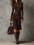 Cambria Luxe Suede Zip-Front Midi Dress