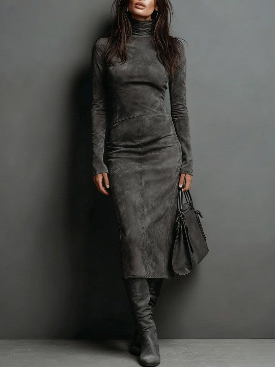 Marcelle Luxe™ | Contour Suede Turtleneck Midi Dress