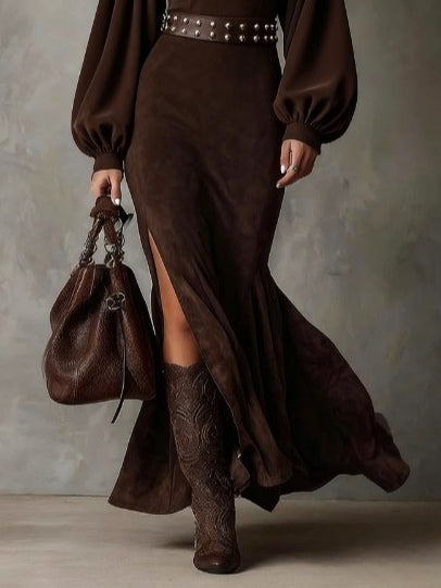 Aurelia™ | Luxe Suede High-Neck Maxi Dress
