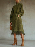 Aurelia Fringe™ | Vintage Suede High-Neck Midi Dress